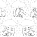 Hare under mushroom, rain seamless pattern. Monochrome funny cute forest animal hand drawn art design element